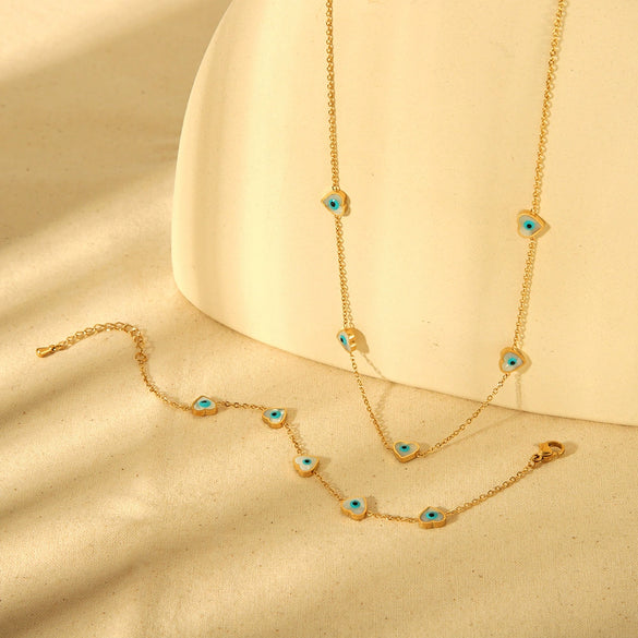 Wholesale Heartshaped Devil's Eye Stainless Steel And Titanium Steel Necklace And Bracelet Set 18K Gold Plated Jewelry For Women