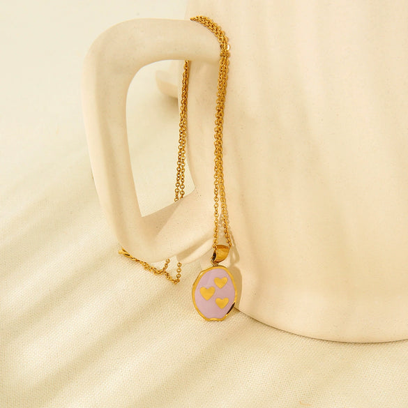 Wholesale Heartshaped Geometric Purple Enamel Stainless Steel 18K Gold Plated Pendant Necklace With Glue Design For Women