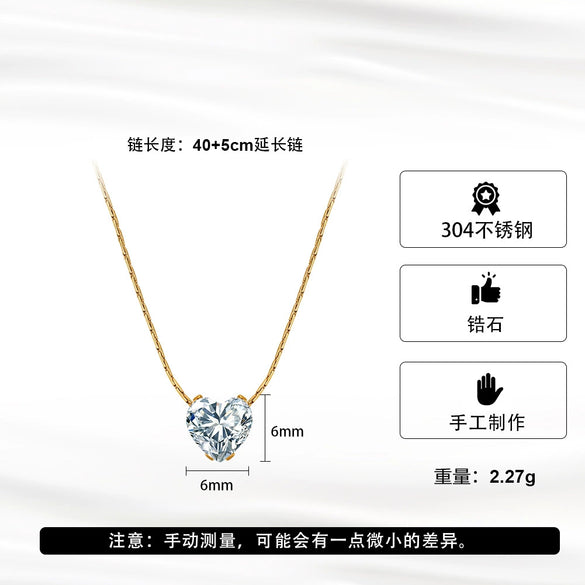 Wholesale Heartshaped Geometric Single Diamond Pendant Titanium Steel Electroplated Calendering Chain Necklace For Women