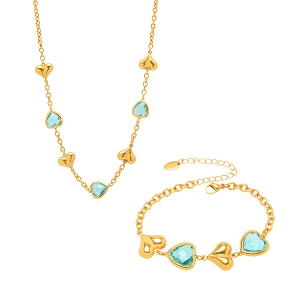 Wholesale Heartshaped Goldplated Stainless Steel And Czech Glass Ferris Wheel Super Flash Light Luxury Unisex Jewelry Set With Necklace And Hand Jewelry