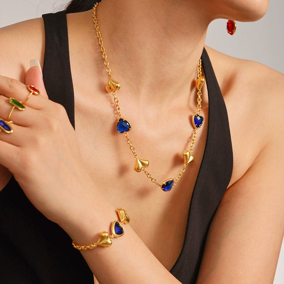 Wholesale Heartshaped Goldplated Stainless Steel And Czech Glass Ferris Wheel Super Flash Light Luxury Unisex Jewelry Set With Necklace And Hand Jewelry