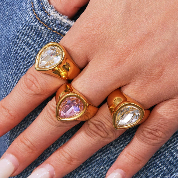 Wholesale Heavy Industry Casting 316L Stainless Steel Water Drop Geometric Ring Electroplated Fashion Minimalist Women's Jewelry