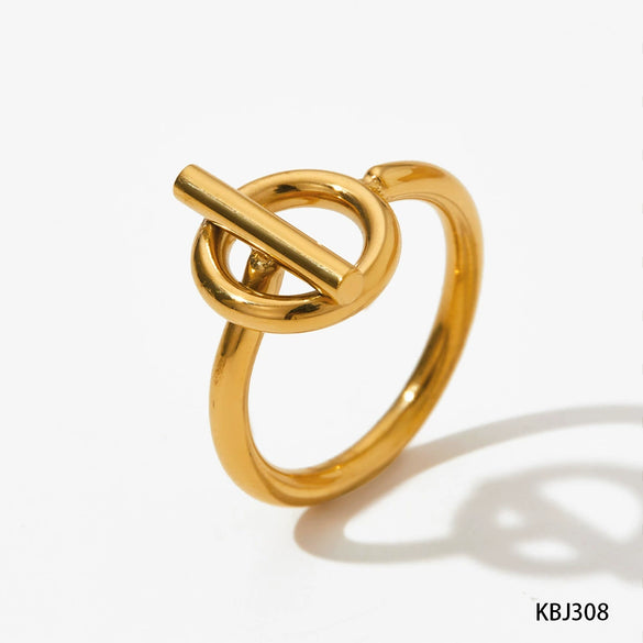 Wholesale High End Simple Fashion Geometric T Shaped Ring In Stainless Steel With Real Gold Electroplating For Women