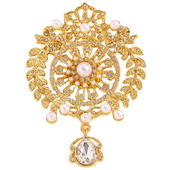 Wholesale Highend Luxury Alloy Full Diamond Carved Flower Crown Drop Shape Brooch Unisex Accessory Set With Diamonds