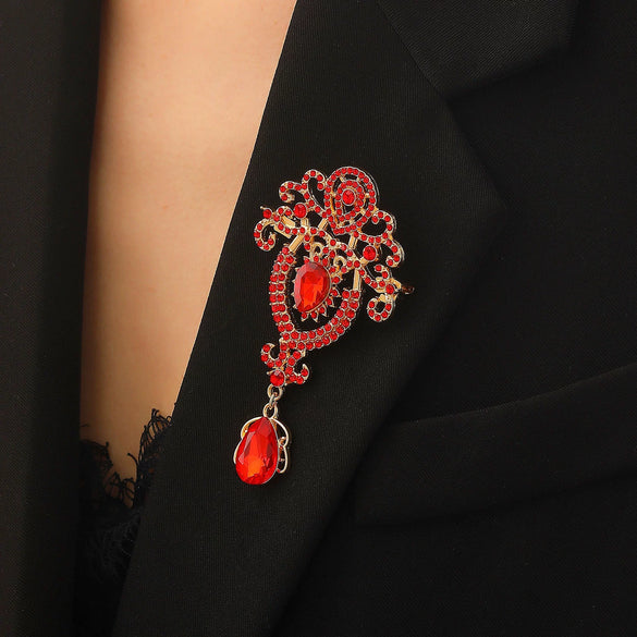 Wholesale Highend Luxury Alloy Full Diamond Carved Flower Crown Drop Shape Brooch Unisex Accessory Set With Diamonds