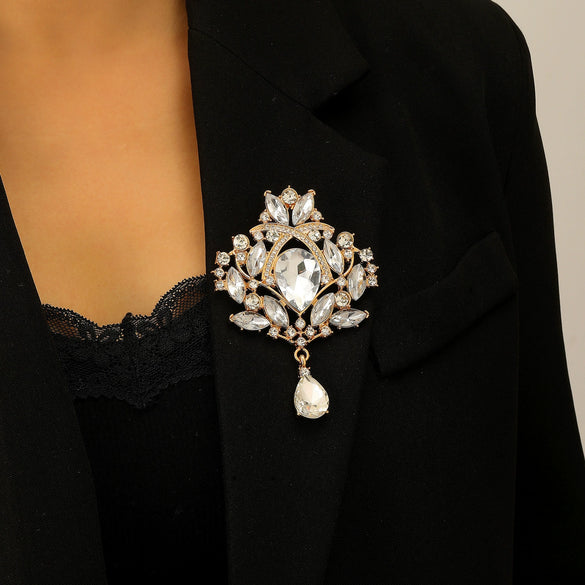 Wholesale Highend Luxury Alloy Full Diamond Carved Flower Crown Drop Shape Brooch Unisex Accessory Set With Diamonds