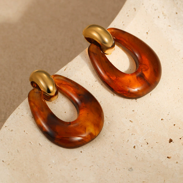 Wholesale Highend Retro Stainless Steel 18K Electroplated Geometric Irregular Resin Earrings