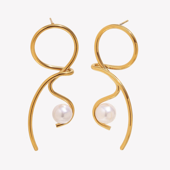 Wholesale Highend Women's Stainless Steel 18K Gold Plated Geometric Knotted Line Imitation Pearl Earrings