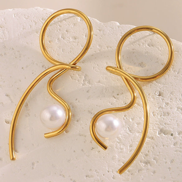 Wholesale Highend Women's Stainless Steel 18K Gold Plated Geometric Knotted Line Imitation Pearl Earrings