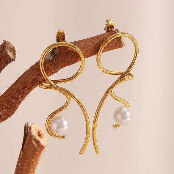 Wholesale Highend Women's Stainless Steel 18K Gold Plated Geometric Knotted Line Imitation Pearl Earrings