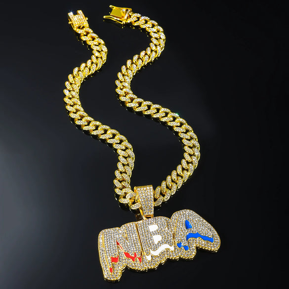 Wholesale Hip Hop Alloy Diamond Letter Pendant Necklace With Cuban Chain