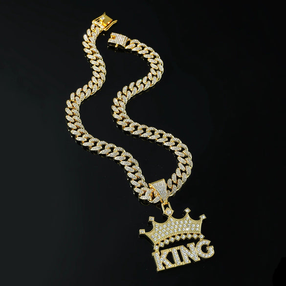 Wholesale Hip Hop Alloy Necklace With Letter Crown Pendant And Diamond Design For Men Cuban Chain Style