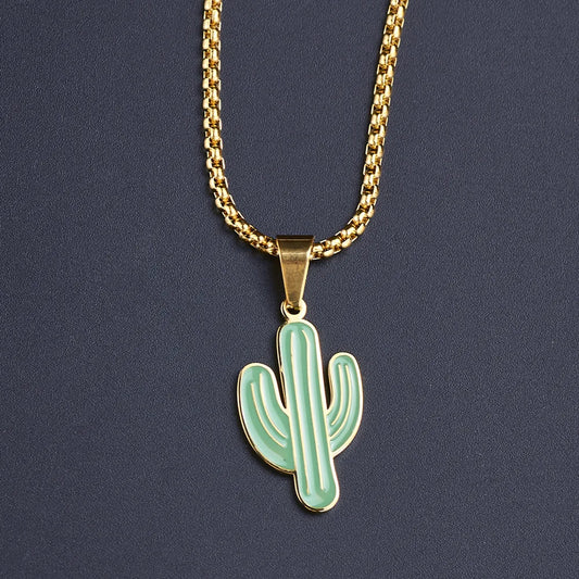 304 Stainless Steel 18K Gold Plated Hip-Hop Epoxy Cactus Pendant Necklace