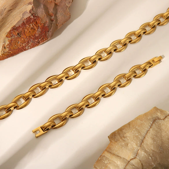 Wholesale Hip Hop Classic Big Gold Chain Stainless Steel Jewelry Necklace Bracelet Suit With Vacuum Real Gold Electroplating In Pvd Furnace