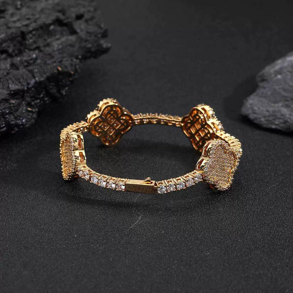 Wholesale Hip Hop Copper Zircon Geometric Fourleaf Clover Spring Buckle Tennis Bracelet Unisex Jewelry