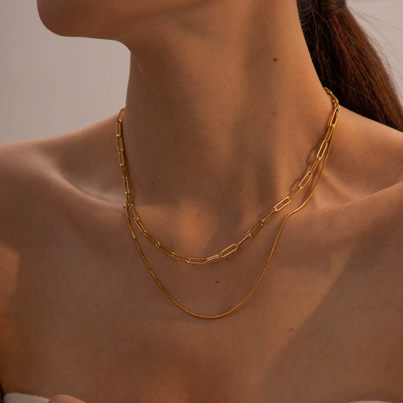 Wholesale Hip Hop Double Layer Stacked Geometric Clavicle Chain Necklace Stainless Steel And Titanium Steel With Electroplating For Women