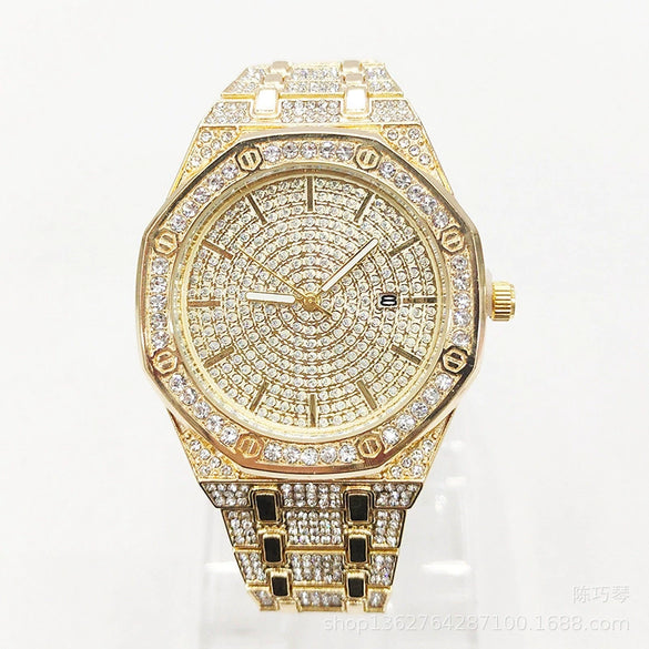 Wholesale Hip Hop Hipster Leisure Style Alloy Case Steel Strap Watch With Diamond Octagonal And Round Dial And Calendar
