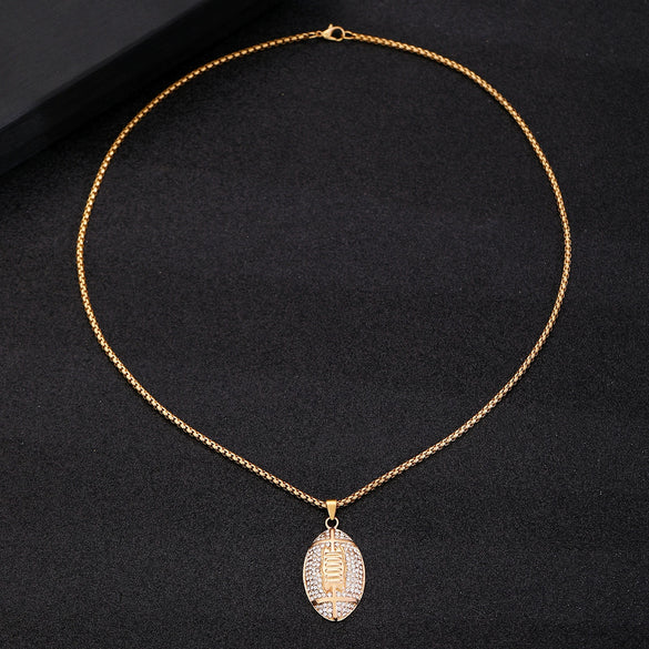 Wholesale Hip Hop Jewelry Zinc Alloy Gold Plated Geometric Rhinestone Rugby Pendant Necklace For Women