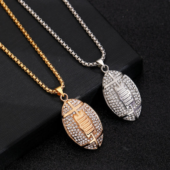 Wholesale Hip Hop Jewelry Zinc Alloy Gold Plated Geometric Rhinestone Rugby Pendant Necklace For Women