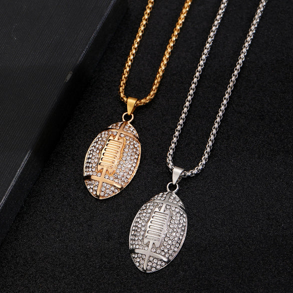 Wholesale Hip Hop Jewelry Zinc Alloy Gold Plated Geometric Rhinestone Rugby Pendant Necklace For Women