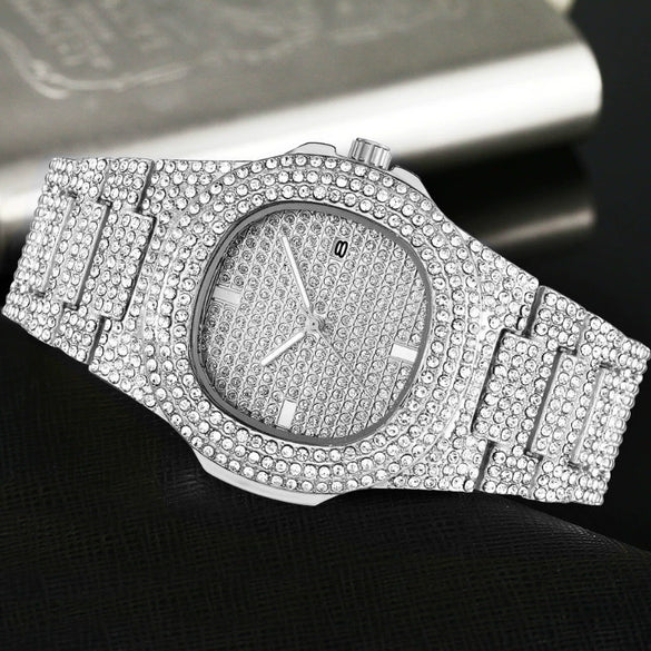 Wholesale Hip Hop Men's Alloy Strap Rectangle Dial Full Diamond Quartz Calendar Watch