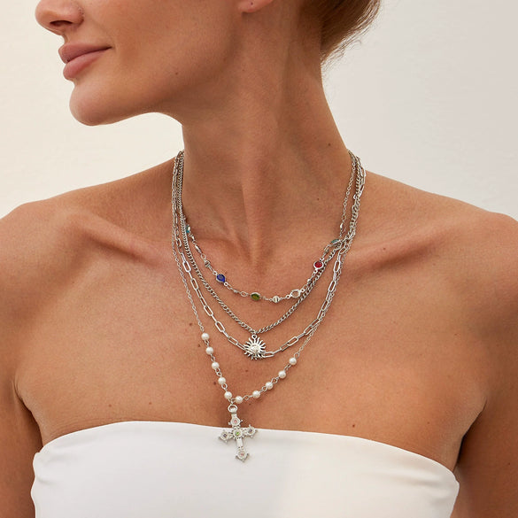 Wholesale Hip Hop Metal Cross Sun Pendant Imitation Pearl Necklace Alloy Copperclad Iron Iron Copper Chain Rhinestone Electroplating Geometric Style Women's