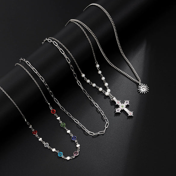 Wholesale Hip Hop Metal Cross Sun Pendant Imitation Pearl Necklace Alloy Copperclad Iron Iron Copper Chain Rhinestone Electroplating Geometric Style Women's