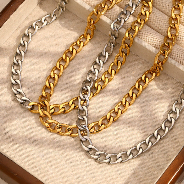 Wholesale Hip Hop Personality Cuban Chain Necklace Stainless Steel 18K Gold Plated Geometric Style Polished Chain For Women