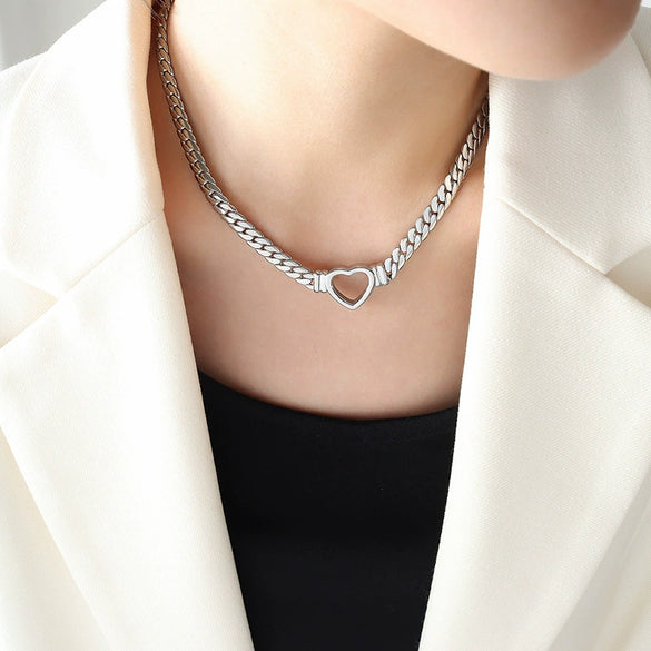 Wholesale Hip Hop Punk Geometric Heart Cuban Chain Ring Necklace In Titanium Steel 18K Gold Plated Jewelry