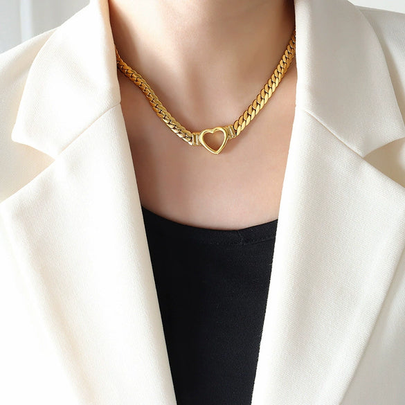 Wholesale Hip Hop Punk Geometric Heart Cuban Chain Ring Necklace In Titanium Steel 18K Gold Plated Jewelry