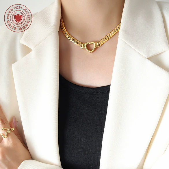 Wholesale Hip Hop Punk Geometric Heart Cuban Chain Ring Necklace In Titanium Steel 18K Gold Plated Jewelry