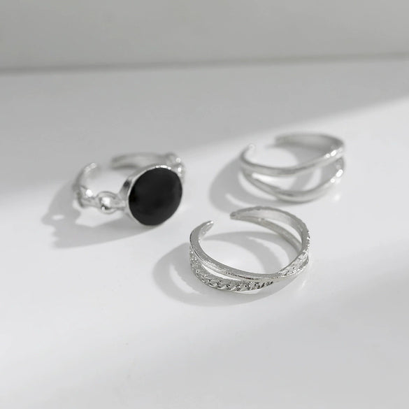Wholesale Hip Hop Retro Geometric Alloy Ring Set With Black Gemstones