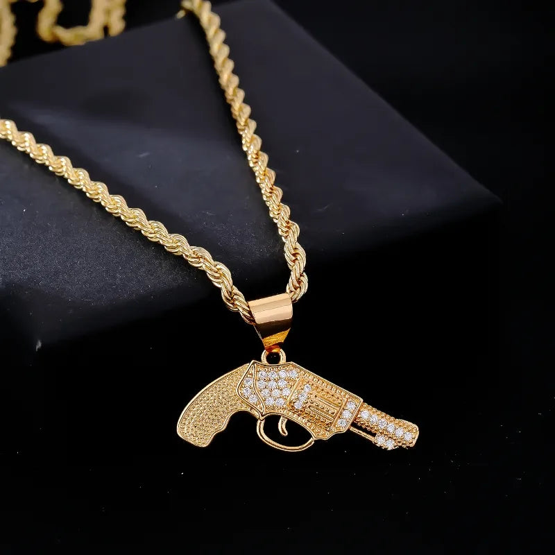 Wholesale Jewelry Hip-Hop Retro Pistol 304 Stainless Steel Copper Zircon K Gold Plated Plating Inlay Pendant Necklace