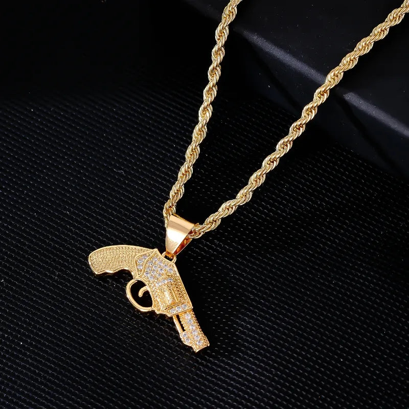 Wholesale Jewelry Hip-Hop Retro Pistol 304 Stainless Steel Copper Zircon K Gold Plated Plating Inlay Pendant Necklace