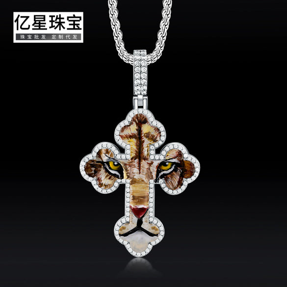 Wholesale Hip Hop Style Animal Zodiac Pattern Copper Cross Pendant Inlaid Zircon Men's Necklace