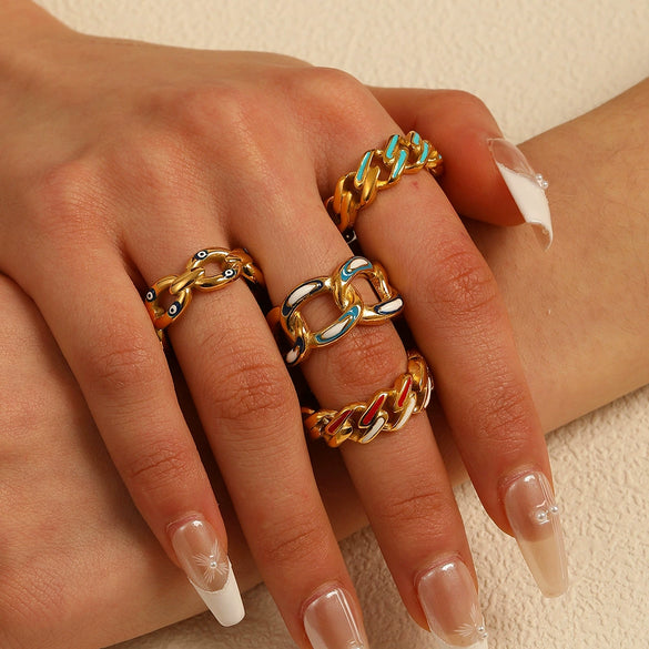 Wholesale Hip Hop Style Color Chain Ring And Bracelet In Stainless Steel With Geometric Pattern And Electroplating