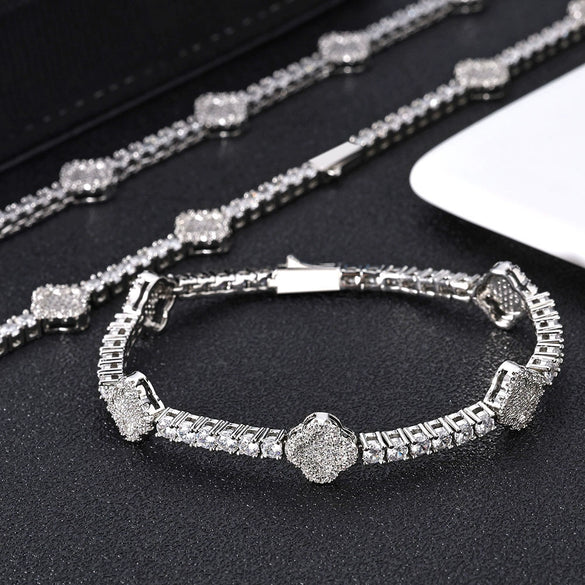 Wholesale Hip Hop Style Copper Zircon Tennis Chain Four Leaf Clover Necklace And Bracelet Jewelry