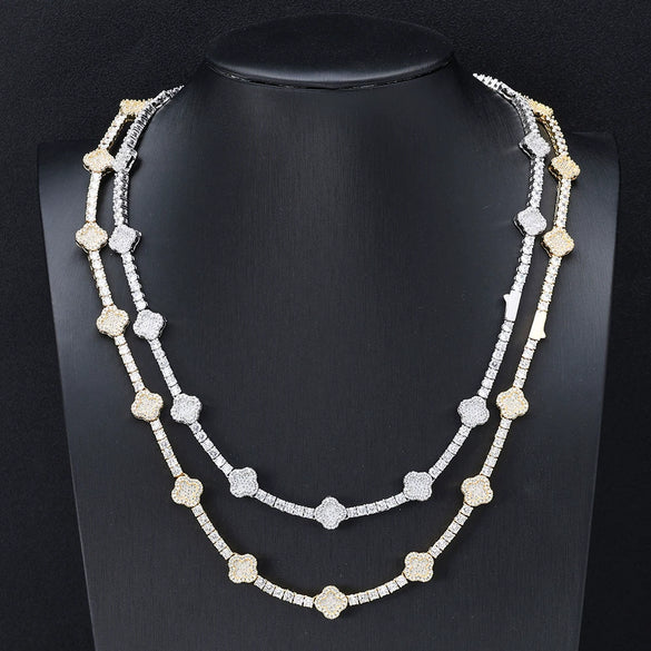 Wholesale Hip Hop Style Copper Zircon Tennis Chain Four Leaf Clover Necklace And Bracelet Jewelry