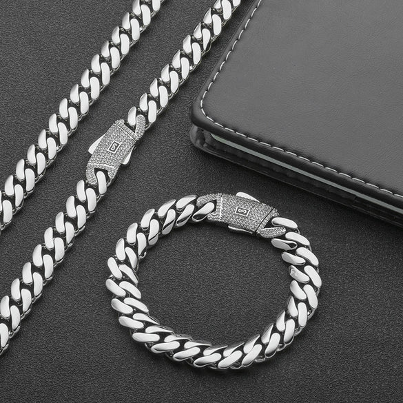 Wholesale Hip Hop Style Cuban Chain Copper Necklace And Bracelet Jewelry Electroplated Accessories For Men