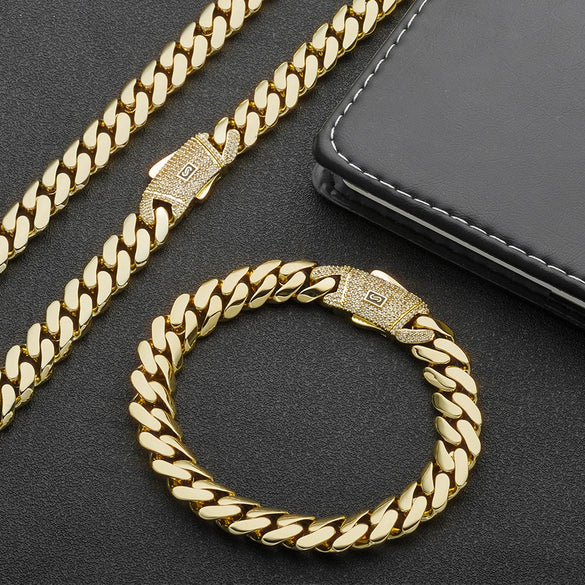 Wholesale Hip Hop Style Cuban Chain Copper Necklace And Bracelet Jewelry Electroplated Accessories For Men