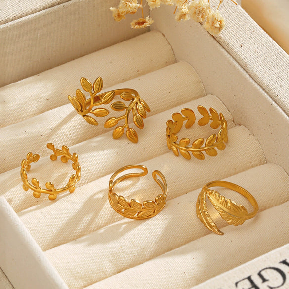 Wholesale Hip Hop Style Stainless Steel Ginkgo Leaf Ring With 18K Gold Plated Electroplating For Lady And Unisex