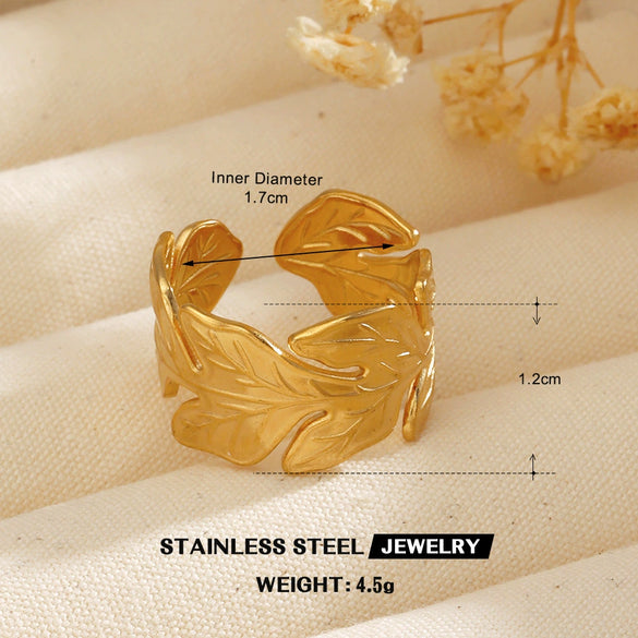 Wholesale Hip Hop Style Stainless Steel Ginkgo Leaf Ring With 18K Gold Plated Electroplating For Lady And Unisex