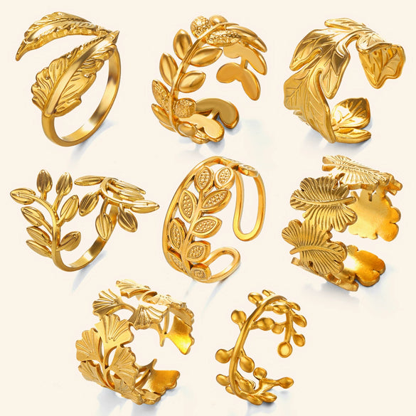 Wholesale Hip Hop Style Stainless Steel Ginkgo Leaf Ring With 18K Gold Plated Electroplating For Lady And Unisex