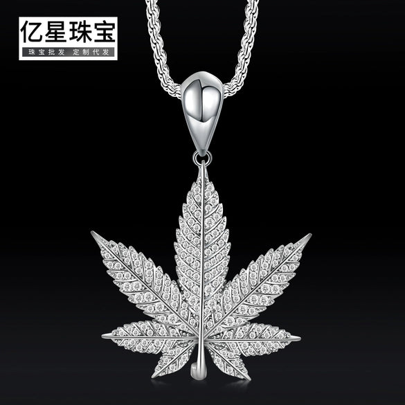 Wholesale Hip Hop Zircon Inlaid Copper Leaf Pendant Necklace With Melon Seed Clasp
