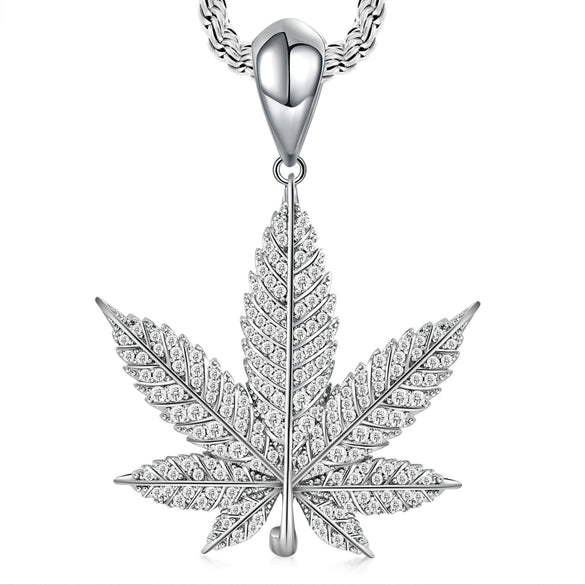Wholesale Hip Hop Zircon Inlaid Copper Leaf Pendant Necklace With Melon Seed Clasp
