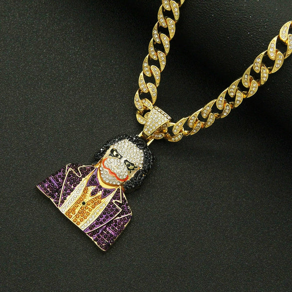 Wholesale Hiphop Alloy Clown Pendant Necklace With Threedimensional Diamondencrusted And Geometric Pattern On Cuban Chain For Men
