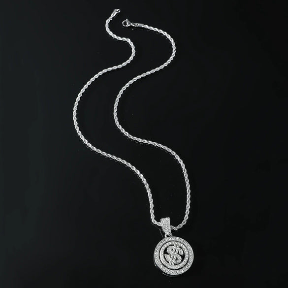 Wholesale Hiphop Alloy Rotating Dollar Pendant Necklace With Diamond