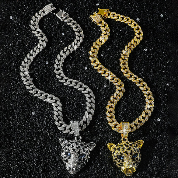 Wholesale Hiphop Animal Leopard Head Pendant Necklace Zinc Alloy Electroplating For Men