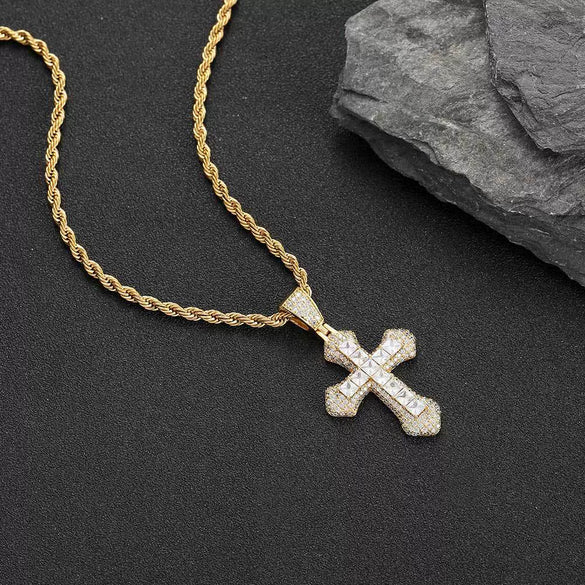 Wholesale Hiphop Cross Copper Zircon Pendant Necklace