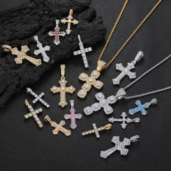 Wholesale Hiphop Cross Copper Zircon Pendant Necklace